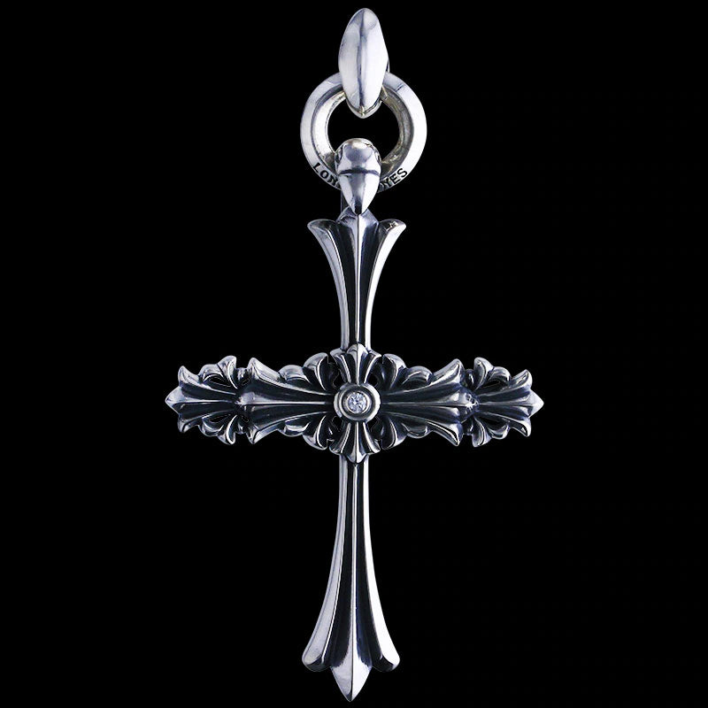 Chrome Cross Pendant (L) with ID Ring Linked Silk with Diamond