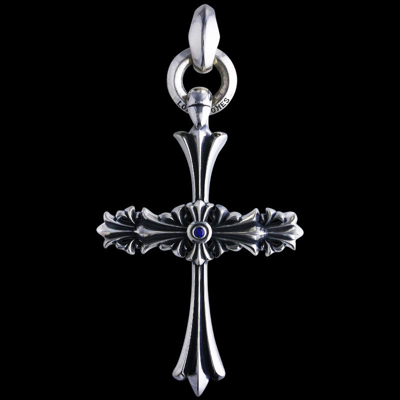Chrome Cross Pendant (L) with ID Ring Linked Silk with Stone