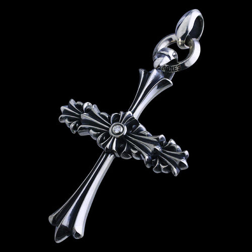 Chrome Cross Pendant (L) with ID Ring Linked Silk with Diamond