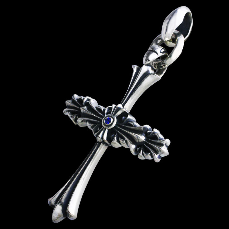 Chrome Cross Pendant (L) with ID Ring Linked Silk with Stone