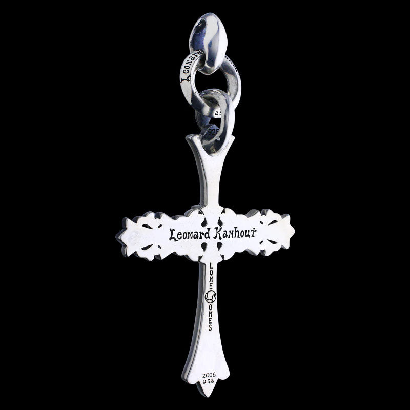 Chrome Cross Pendant (L) with ID Ring Linked Silk with Stone