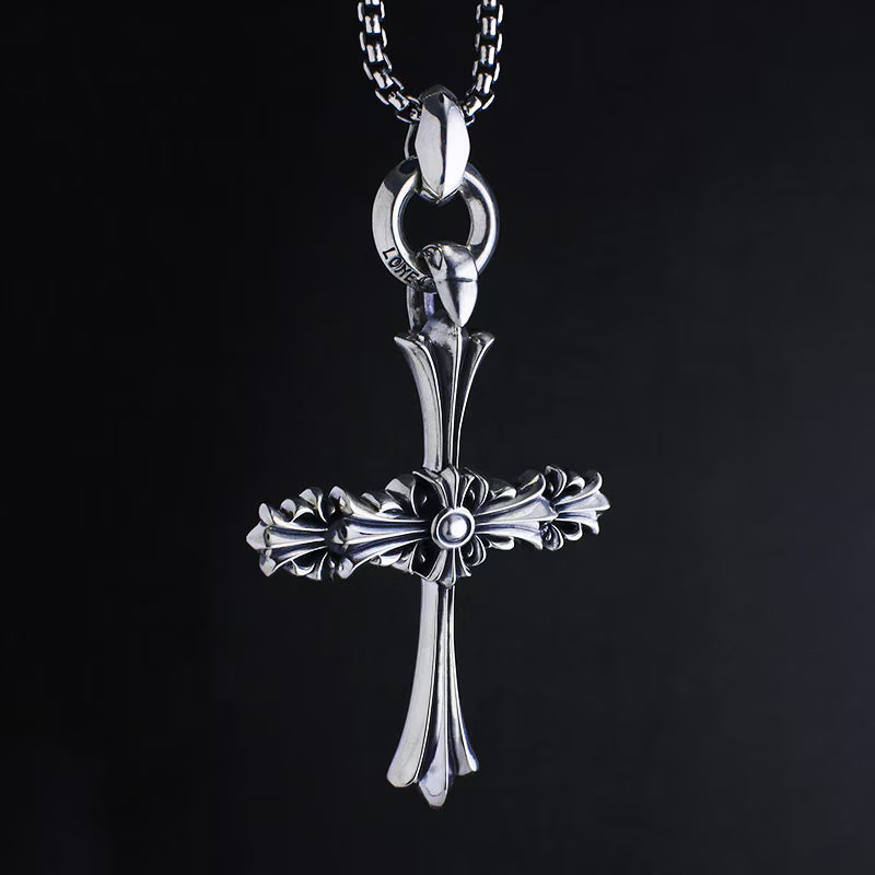 Chrome Cross Pendant (L) with ID Ring Linked Silk