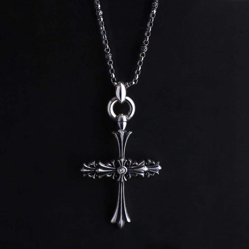 Chrome Cross Pendant (L) with ID Ring Linked Silk with Diamond