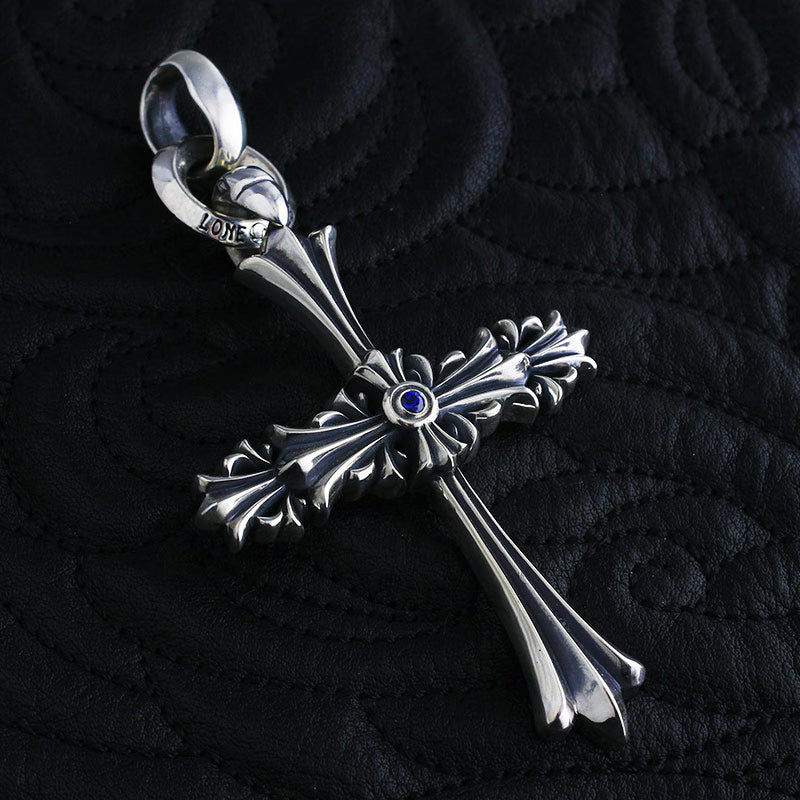 Chrome Cross Pendant (L) with ID Ring Linked Silk with Stone