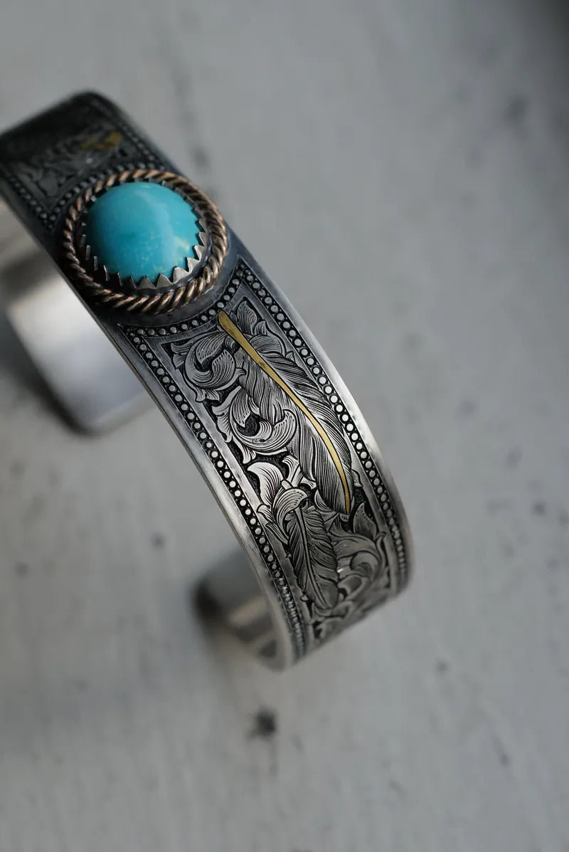 銀繩松石18K金嘴鷹金骨羽毛Bangle