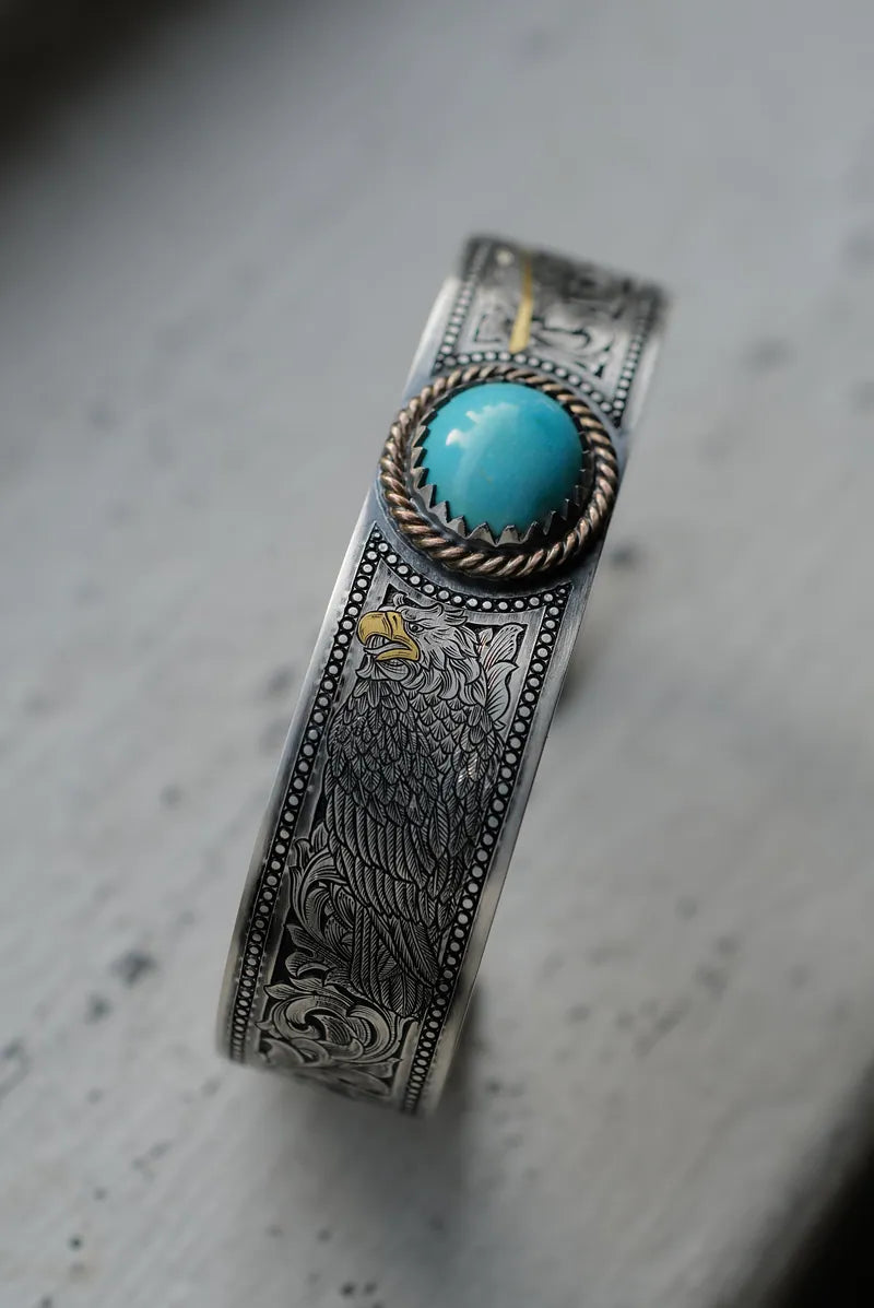 銀繩松石18K金嘴鷹金骨羽毛Bangle