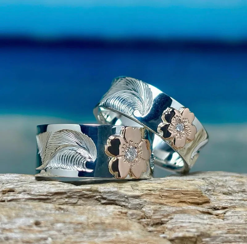 K18 Diamond Sakura Motif Nalu & Rising Sun 8mm Ring With 2mm Diamond