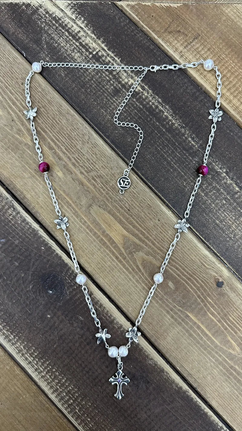 Cross Lilly Pearl&Pink Tigereye Necklace