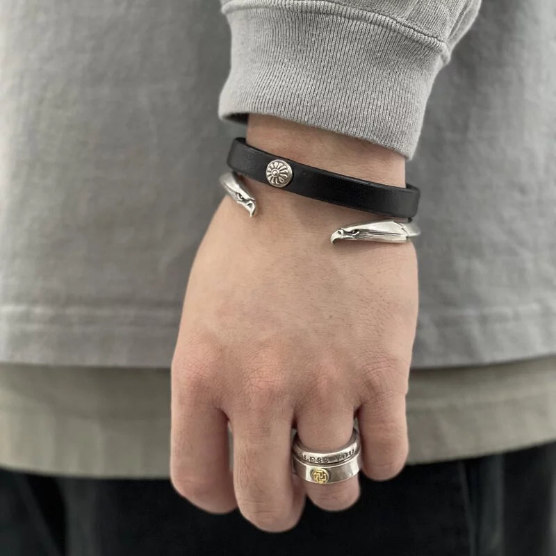 FCB-06 flat leather+cramp hook bracelet/flower stud