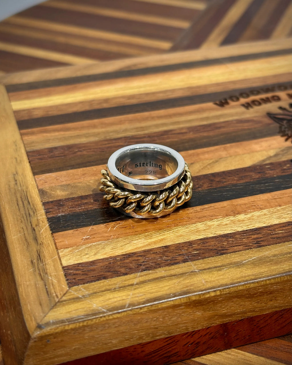 Two Toned 22k Curb Chain Spin Ring